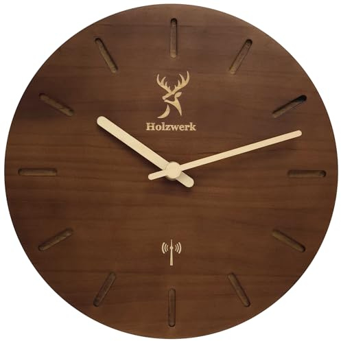Holzwerk STARNBERG Natur Holz Funkwanduhr Funk Wanduhr Holz-Uhr Vintage Funkuhr lautloses Uhrwerk ohne Tickgeräusche Buche Braun lautlos aus handgefertigtem Massivholz 25 cm