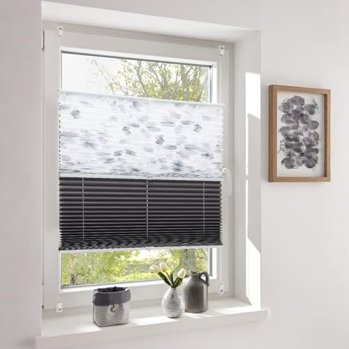 Sekey Plissee Day+Night Doppelplissee Verdunkelung ohne Bohren verspannt Lichtschutz 90x130cm Druck+Dunkelgrau