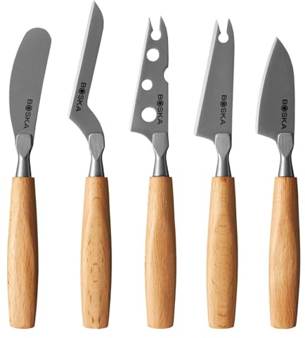 Boska Amigo - Juego de cuchillos para queso (tamaño pequeño, 5 cuchillos pequeños, para cualquier tipo de queso, mango ergonómico, acero inoxidable de alta calidad, madera de haya, antiadherente, con