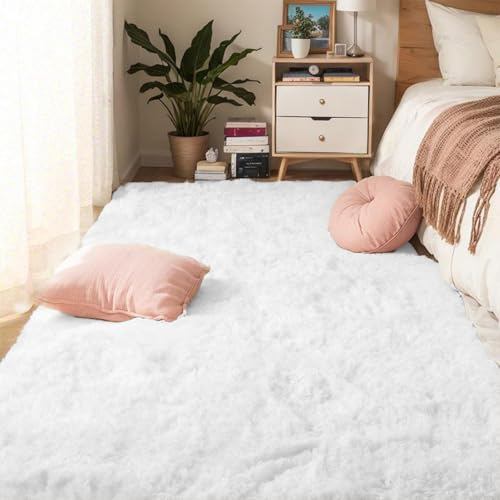 Bocguy Teppich Flauschig, Weiß Hochflor Teppich 80x160cm, Waschbare Teppiche, Weicherteppich, Kuschelteppich Anti-Rutsch Unterseite für Schlafzimmer und Wohnzimmer