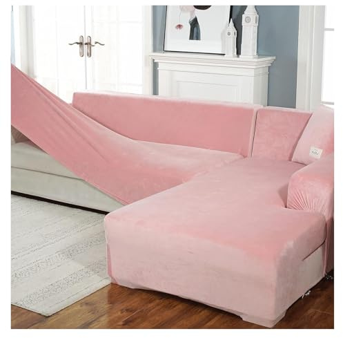 YAYREC Sofabezug，Couch überzug， Stretch-Sofa-Schonbezug in L-Form, Samtstoff, Couchbezug, Ecke, mit elastischer Unterseite, Möbelschutz(Pink,Large 3+4 Seater)