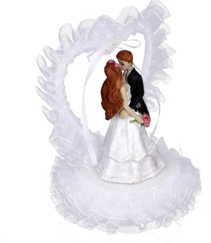 HIAKDOFT Brautpaar Für Torte Kuchenornament Aus Harz Herzform Mit Tüll Handbemalte Tortendeko Für Hochzeitstorte Desserttischschmuck Hochzeitsdeko Und Andenken