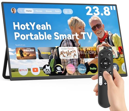 HotYeah Smart TV portatile da 23,8 pollici, Smart TV 1080P 106% sRGB EDLA certificata Smart TV, supporto controllo vocale, con batteria integrata da 10000 mAh, cavalletto regolabile a 180° (nero)