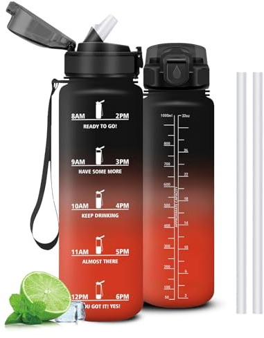 Mujigaga Botella Agua Gimnasio, A Prueba de Fugas Botella Agua 1 litro, Cantimplora con Pajita, Diseño de Cerradura, Cantimplora con Marcador de Tiempo para Deporte, Colegio, Exterior