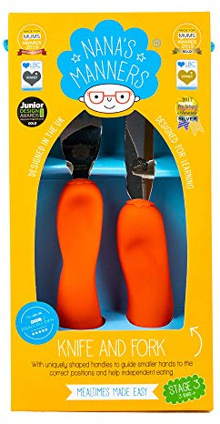 Nana's Manners Stufe 3 Kinderbesteck-Set, weiche Griffe, Messer und Gabel, für Kinder im Alter von 3 bis 9 Jahren. Unabhängigkeit beim Abendessen. Edelstahl mit BPA-freien Griffen, Jeddie Orange