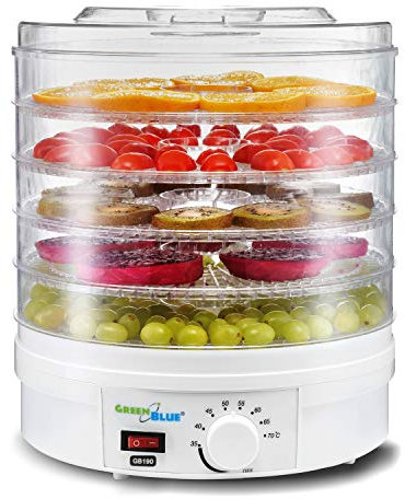 Green Blue GB190 Food Dryer Fruit Dehydrater Timer Mushroom Vegetable Fruit Dryer Power 250W Very Quiet High Sieve 4,5cm UK Plug