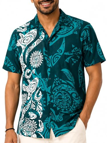 King Kameha Hawaiihemd Herren Kurzarm - Grünes Hawaii Hemd Männer Maori - Hemd Herren Kurzarm Hawaii Outfit - Hawaiian Shirts for Men - Maori, Petrol Green,