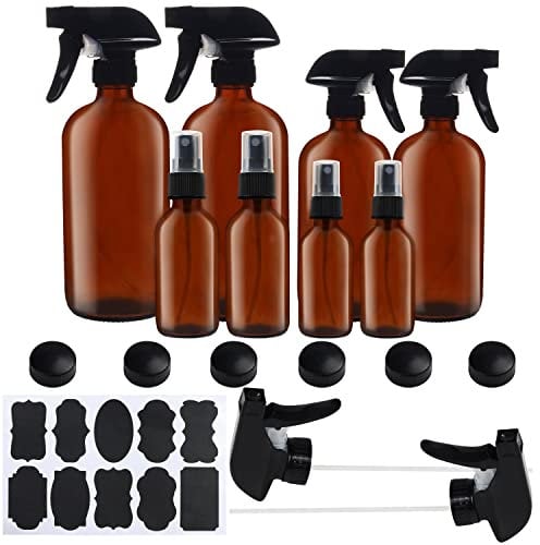 BELLE VOUS Flacon Spray Vide en Verre Ambré (Lot de 8) - 57-455 ml – Kit Voyage Flacons à Brume Fine Remplissable avec Étiquettes et Bouchons- Contenant Voyage, Huiles, Cosmétiques et Aromathérapie