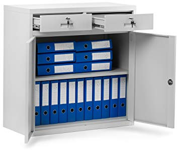 Domator Kleiner Aktenschrank C17B Büroschrank mit 2 Schubladen Flügeltüren Metallschrank Pulverbeschichtet Metall Abschließbar 90 cm x 90 cm x 40 cm (Grau)