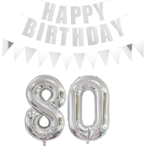 Luftballons Zahl 80 Silber + Happy Birthday Girlande + banner Folienballon 80.Geburtstags deko frau mann ballons 80 Jahre Geburtstag deko frauen Zahlenballon 80 Geburtstag dekoration Männer frau(80)