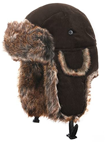 Heavyoff Unisex Fliegermütze Kunstfell Wintermütze mit Ohrenklappen Warme Cord Fellmütze Dunkelbraun XXL