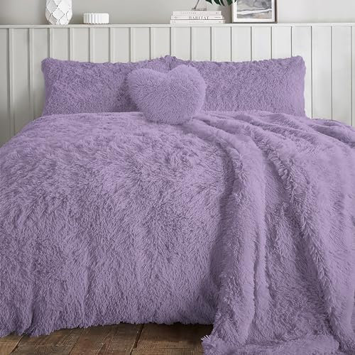 Rohi Luxury Faux Fur Duvet Cover Set Double – Soft Cuddly Long Pile Teddy Fleece Duvet Set with Pillowcases – Thermal Warm, Breathable & Hypoallergenic Faux Fur Bedding Cover Set – Lilac, Double