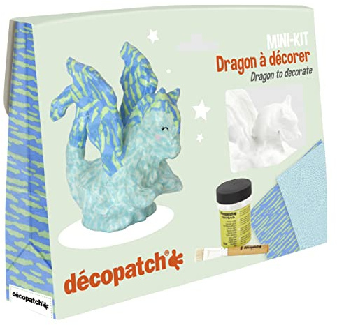 Décopatch KIT035C - A Mini-kit including a pulped animal painted in white - 2 Décopatch sheets - 1 brush - 1 jar of glue varnish, DRAGON - Creative Leisure