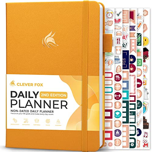 Clever Fox Tagesplaner 2. Auflage – undatierter Zeitblock-Aufgaben-Organizer mit Stundenplan & To-do-Liste – A5, 6 Monate (Bernsteingelb)