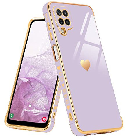 Urarssa for Samsung A12/for Samsung M12 Case, Cute Heart Pattern, Purple | Luxury Plating Gold Edge Heart Design Case for Women Girls Soft TPU Shockproof Full Camera Lens Protection Case