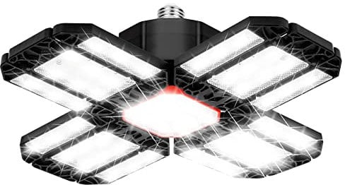Fiqops Werkstattlamp, 200W LED Garagenleuchte 20000LM 6500K Verformbare Deckenlampe mit 12 Verstellbaren Paneelen, E27/E26 für Garagen Parkplatz, Lager, 360°-Beleuchtung (1 Stücke)