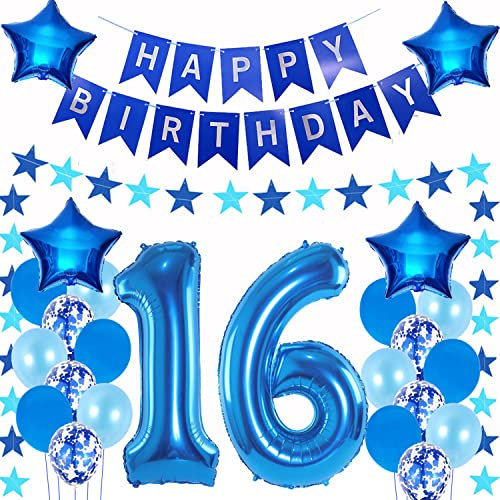 Luftballons 16. geburtstag junge deko blau,Geburtstagsdeko 16 jahre junge,Folienballon 16 Geburtstag Dekoration ,deko 16. Geburtstag Deko blau,geburtstags banner 16 deko