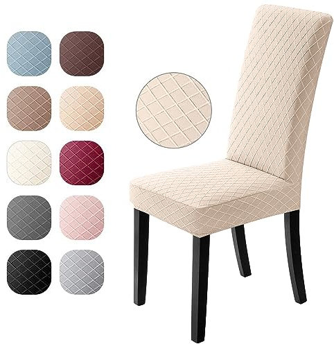 Stuhlhussen 6er Set Universal Stretch Stuhlhussen Moderne Jacquard Husse Abnehmbare Stuhlbezug Abdeckung Esszimmer überzug Bi-Elastic Spannbezug,für Bankett Deko und Hochzeit Partys (Beige, 6 er Set)