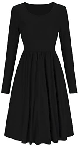 XuBiDuBi New Women Frankie Swing Dress Ladies Flared Skater Swing Plain Jersey Long Sleeve Midi Dress UK Plus Size 8-26. Black