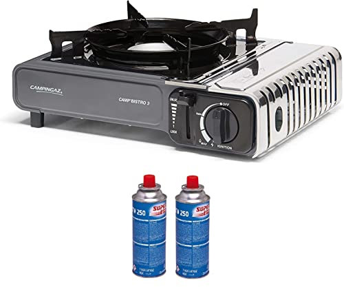 FYSHOP. PACK Campingaz Camp Bistro hornillo de Gas Individual, hornillo de Camping, Potencia 2200 W + 2 CARTUCHOS DE GAS SUPER EGO