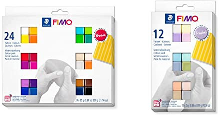 STAEDTLER FIMO soft ofenhärtende Modelliermasse, Kartonetui mit 24 sortierten Basic-Farben, 24 Halbblöcke à 25 g & FIMO - Pasta per modellare soft, indurita in forno con 12 colori pastello assortiti