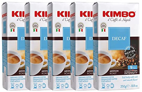 Kimbo Coffee Decaf Ground 5 x 250g Multipack | Decaffeinated Ground Italian Coffee Medium Roast | Delicate Aroma & Intense Taste