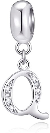 Initial Q Anhänger Charm, Buchstabe Q Charms Fit Pandora Halskette Armband, 925 Sterling Silber Dangle CZ Birthstone Alphabet Perlen