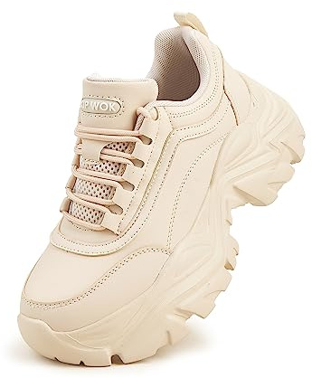 K KIP WOK Chunky Sneakers for Women Fashion Platform White Leather Casual Dad Shoes Comfortable Wedge Walking Sport Sneakers(Beige,9)