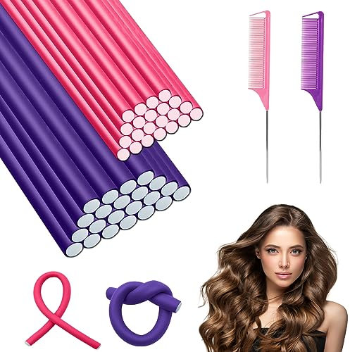 ZOCONE Lot de 40 tiges flexibles de 80 mm + 120 mm pour cheveux épais + 2 peignes à queue en acier pour cheveux courts et longs (rose et violet)