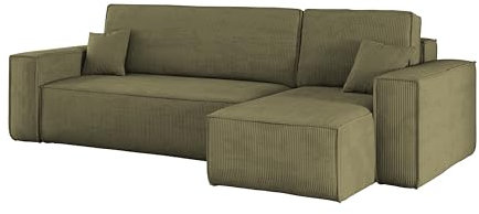 Kaiser Möbel, Ecksofa mit schlaffunktion, mit Bettkasten, Schlafsofa Best, Designer Sofa, Modern Design Couch, Polsterecke, Freistehend, Dicker Cord, Olive Rechts