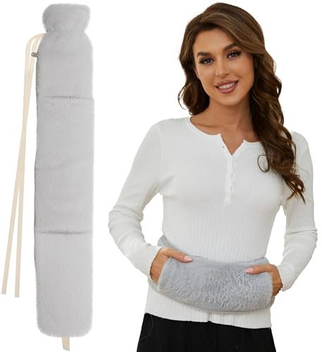 Wärmflasche Lang mit Bezug, Groß Gummi Wärmeflasche Lange Warmflaschewarmflasche Warm mit Flauschig Hände Bezug, 72cm Extra Länglich Wärmeflaschen XXL 2 Liter Warmflasche für Die Periode, Grau