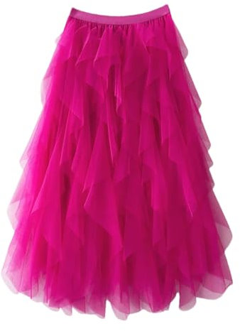 Gonna irregolare in tulle per le donne gonna lunga a rete femminile tinta unita a vita alta tutù lunga gonna maxi, Fucsia, Taglia unica