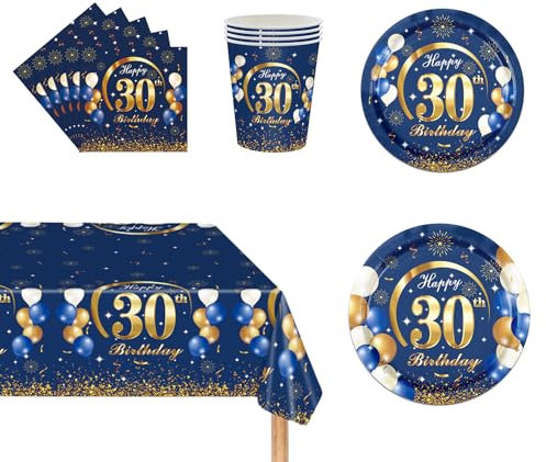 69Pcs Navy Blue Gold 30th Birthday Party Tableware, Blue 30th Birthday Tableware Set with Paper Plates, Napkins Serviette,30th Table Cloth,Paper Cups for Women Men Birthday Party Table Decorations