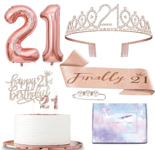 Rose Gold 21st Birthday Decorations for Girls - Sash, Tiara, Cake Topper, Foil Balloons & Party Favors