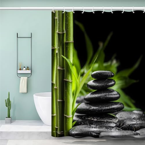 MEVASA Duschvorhang 180x200 Bambus Duschvorhang mit 12 Ring 3D Motiv Wasserdicht Duschvorhang Textil Zen-Steine Bambusblätter Badezimmer Vorhänge Hohe Qualität