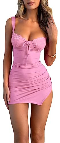 Siyova Femme Robe Sexy Sans Manches Moulante Mini Robe Bodycon en Dentelle Robe d'Été Courte Femmes Robe de Cocktail pour Party Club Plage, rose, M