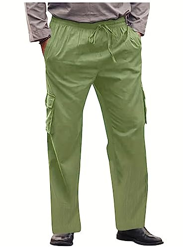 WLHBF Denim Herren Slim Fit Chino Hose mit Gürtel Lässige Herrenhose mit lockerer Länge, leichte Taillenhose, Baumwollleinen, Kordelzug, Tasche, weites Bein, Strandhose