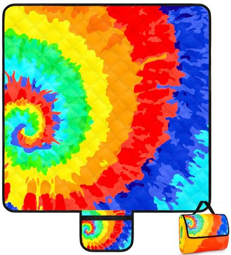 Stranddecke Sandfrei, 200 x 200cm Outdoor Wasserdicht Faltbare Picknickdecke für 4-6 Personen, Leicht und Tragbar Campingdecke mit Tragegriff, Strandmatte für Wandern, Park, Reisen - Batikfärbung