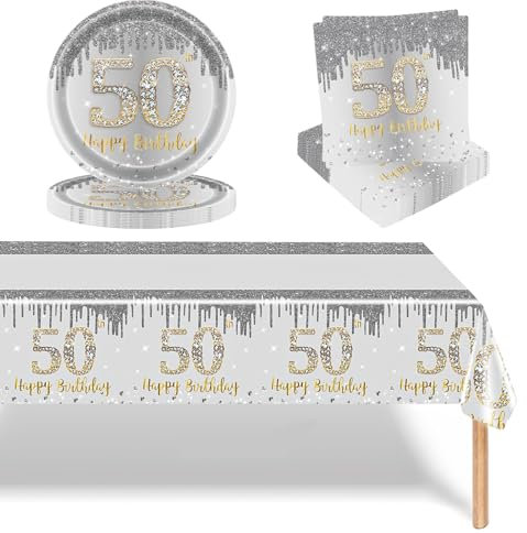 37 Pcs Silver and Gold 50th Birthday Tableware Set Decor,Paper Napkins 9 Inch Paper Plates and Table Cloth in Silver,Disposable Paper Dinnerware Decorations for Her Him 50th Birthday Gifts Party