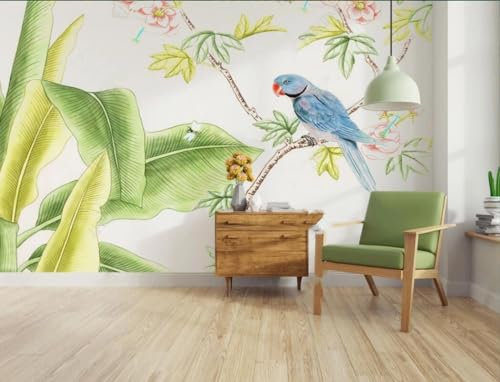 LSumCuyoo Retro Grey Floral Striped Geometric Kids Wood 3D Effect Hand-Painted Bird and Flower Banana Leaf Parrot Tv Background Wall Boys Girls Black and White Removable Living Room Photo Wallpaper