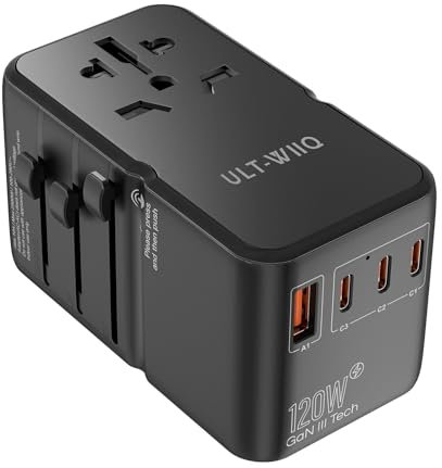 ULT-WIIQ Adaptateur Voyage Universel 120W International Adaptateur Prise Universelle avec 2 USB-A et 3 USB-C Adaptateur Prise Universelle Voyage pour USA UK EU Japon Canada etc.