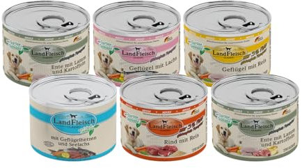 Landfleisch Hundefutter 6 x 195g Mixpaket | garantierter 4 Sorten Mix | Nassfutter für Hunde | Ohne Zusatz von Gluten, Zucker, GVO und Sojaprodukten