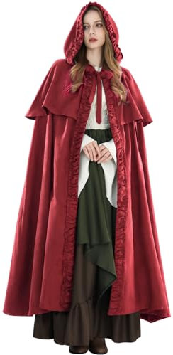Fiamll Mittelalter Umhang Damen Kapuze Mantel mit Manschette Einfarbige Trenchcoat Renaissance Vampir Umhang Gothic Cosplay Cape Karneval Kostüm Rot S