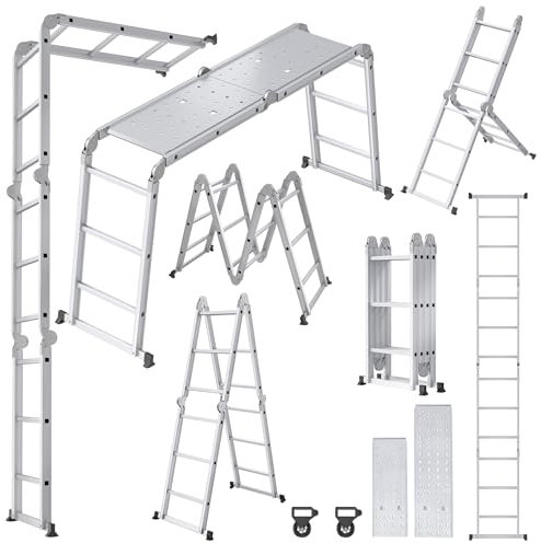 Froadp 6 in 1 Mehrzweckleiter 3,4 M Klappbare Vielzweckleiter Aluminum Gerüst Klappleiter Arbeitsleiter mit 2 Rollen & Plattform Multifunktions Kombileiter Steigleiter Belastbarkeit bis 150 KG
