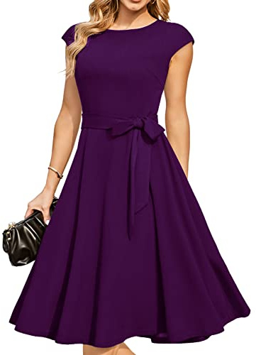 DRESSTELLS Cocktail Dress for Women, Summer Formal Wedding Guest Mother Bride Graduation Evening Prom Tea Party Casual Dress 2026 Grape XL