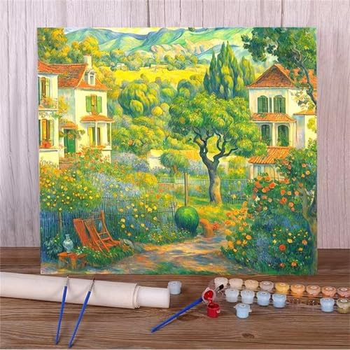 Paint by Numbers for Adults,House Garden Painting by Number Kits on Canvas DIY Oil Painting with Paint Brushes and Acrylic Painting Kit Without Frame for Gift Home Wall Decor - 12x12 inch