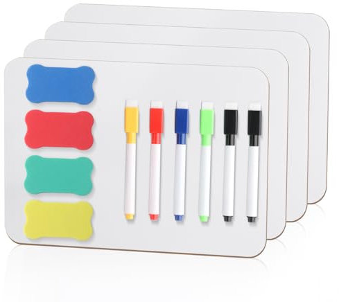 4 STK Whiteboard Klein Whiteboard A4, Kleines Dry Erase White Board, 21x30 cm Tragbares Doppelseitiges Mini Whiteboards mit 6 Stifte & 4 Radiergummis, für Klassenzimmer, Zuhause, Büro