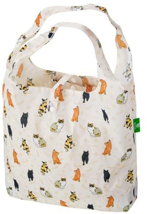ECO CHIC Lightweight Foldable Reusable Shopping Bag Water Resistant Tote Bag (Beloved Cats Beige)