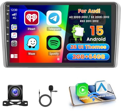Hikity 2+64GB Radio Coche para Audi A3 8P 2003-2012/S3 2006-2012/RS3 2011-2012 Carplay Android Auto, 9 Pulgadas Pantalla Táctil Android 15 Bluetooth Radio con WiFi GPS EQ FM/RDS SWC Cámara Trasera