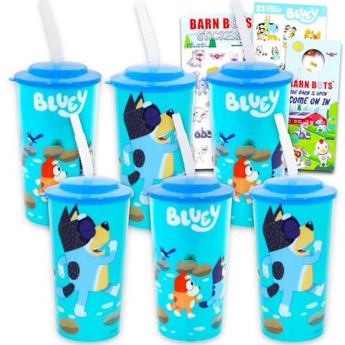 Bluey Set di bottiglie d'acqua da 473,6 ml – Bundle con 6 tazze ricaricabili con cannucce per forniture scolastiche, sport, forniture per feste, altro ancora | Bicchieri Bluey per compleanno dei